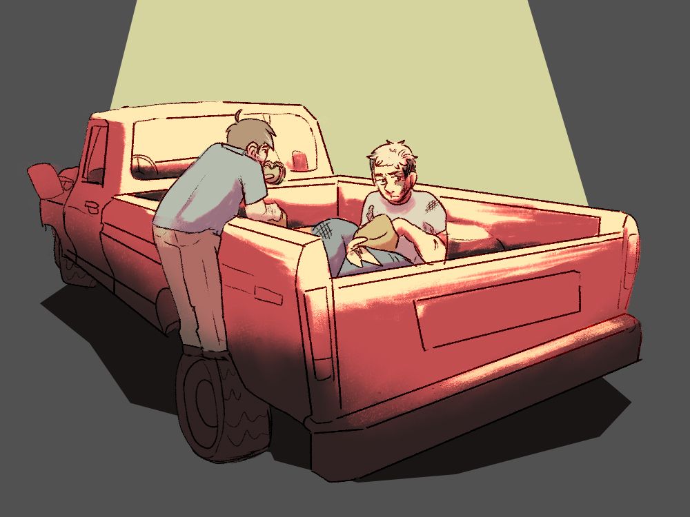 Chilchuck Tims and Laios Touden from the Dungeon Meshi fanfic what keeps you here. Chilchuck is a small middle aged man holding a hamburger and leaning over the side of a red truck, standing on the wheel. In the bed of the truck sits a younger blonde man with a scabbed face and dirty clothes, reaching into a fast food bag. They are lit from above as though by a street lamp.