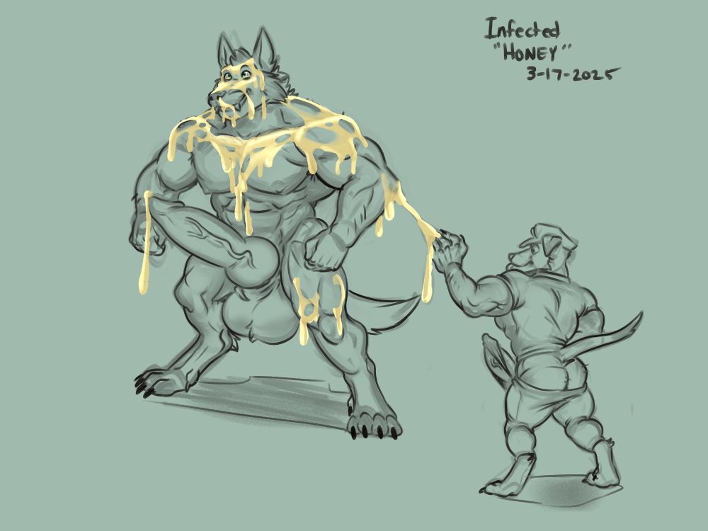 Two canines learning the potent transformative effects of Infected Honey. NSFW.