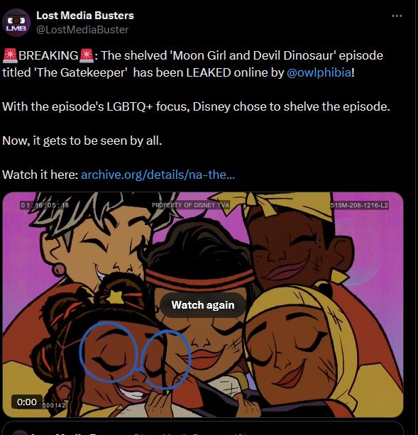 Image of a tweet that shows characters from a leaked episode of Moon Girl and Devil Dinosaur that was shelved by Disney for centering and focusing on a trans character.