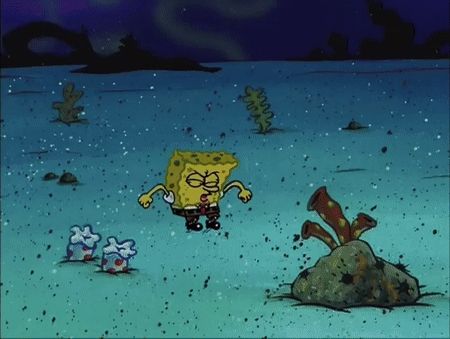 a cartoon of spongebob in the water with seaweed and a rock