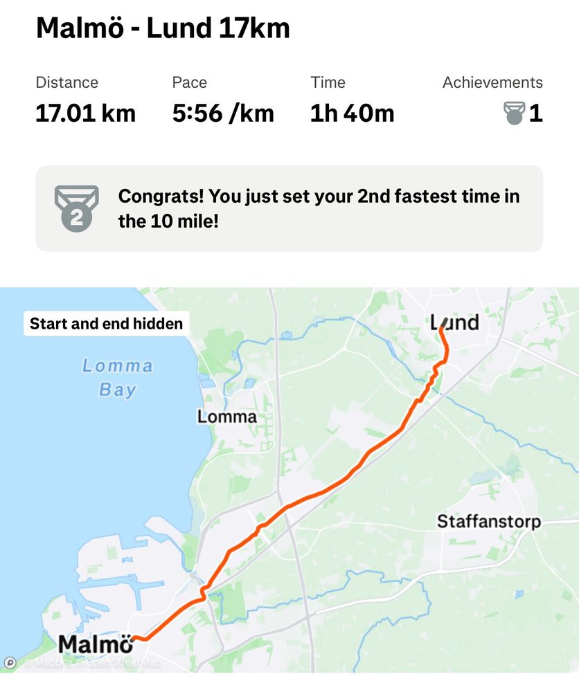 Route map showing a 17km run from Malmö to Lund