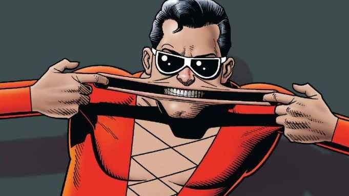 Image of Plastic Man from DC with fingers in his mouth stretching it super widely 