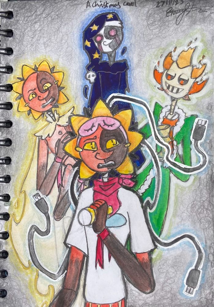 Final if a Christmas Carol sorry book cover

Solar in the forefront , holding a torch and looking around worried

Behind him is the wires of his suns ghost, seeming as if they’re coming out of solars head

Behind that is the ghosts of eclispe and Solarflare 

And the furthest back is Killcode, looming ominously