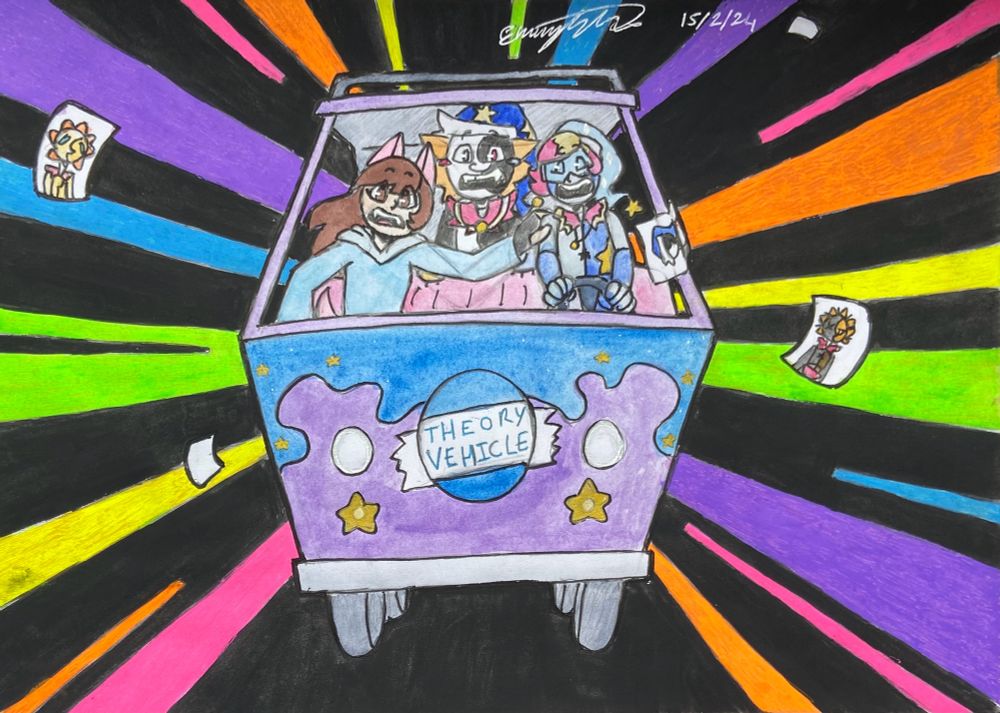 McCrystal, Comet and Ruin in a stolen van on the road to discovery. 
Chaos ensues as Comet can drive but is used to the wheel being in the other side of the vehicle. 
McCrystal is trying her best to help. 
And they may have unintentionally kidnapped Ruin in the process