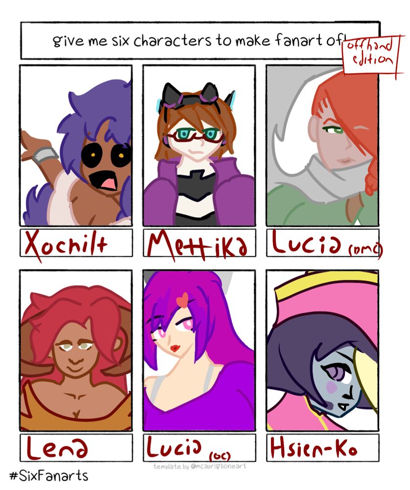A 6 fanarts challenge with artwork of the characters Xochilt, Mettika, Lucia from Devil May Cry 2, Lena, OC Lucia and Hsien-Ko from Darkstalkers.