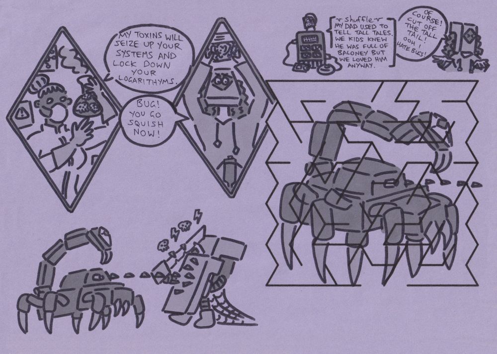 Pre-fight banter on the left, mech maze on the right. This mech is a big bug.