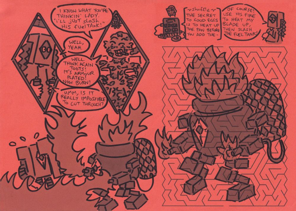 Pre-fight banter on the left, mech maze on the right. This mech has a flamethrower.