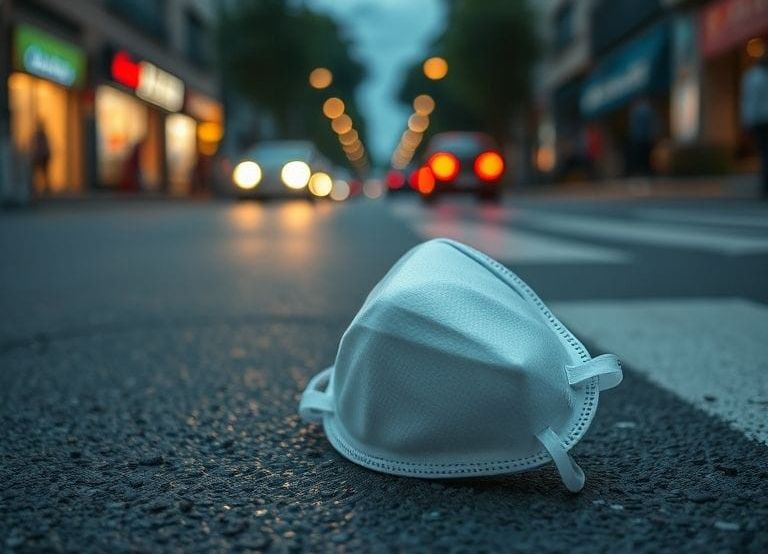 A N95/FFP2 face masks lies in the street at nightfall.