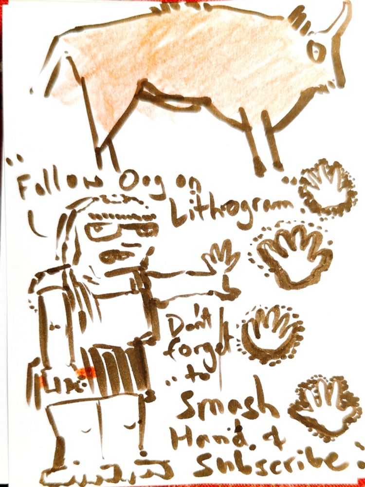 Crudely drawn cartoon of cavewoman standing under a drawing of a bison with a bunch of handprints on the wall. The text from her mouth reads "Follow Ooh on Lithogram. Don't forget to smash hand and subscribe."