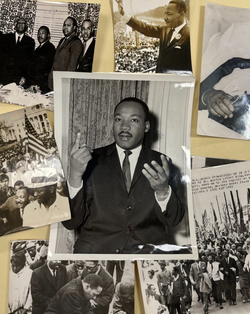 Array of black-and-white photographs featuring Martin Luther King Jr. Center: solo shot of Dr. King seated with hands gesturing while speaking.  