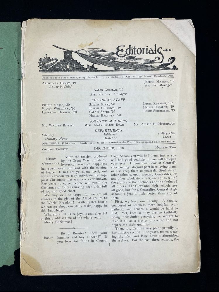 First page of The Monthly, including the magazine’s masthead, with Langston Hughes listed as a member of the editorial staff.