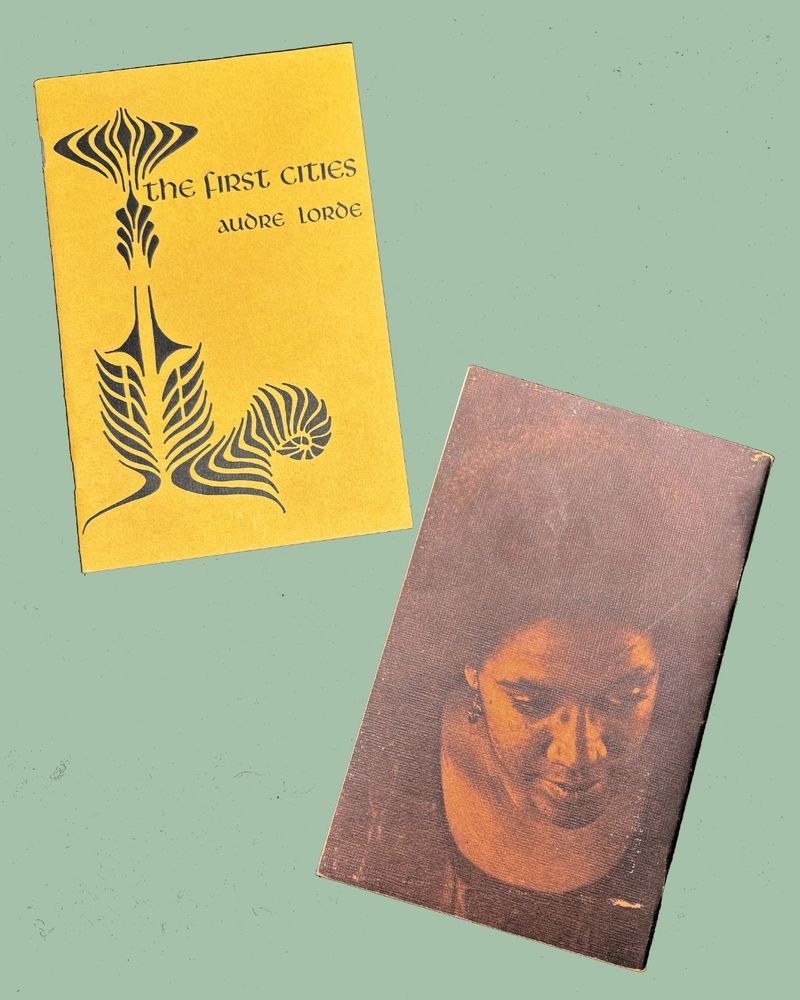 Front cover of The First Cities by Audre Lorde and back cover of book with photo portrait of Audre Lorde. 