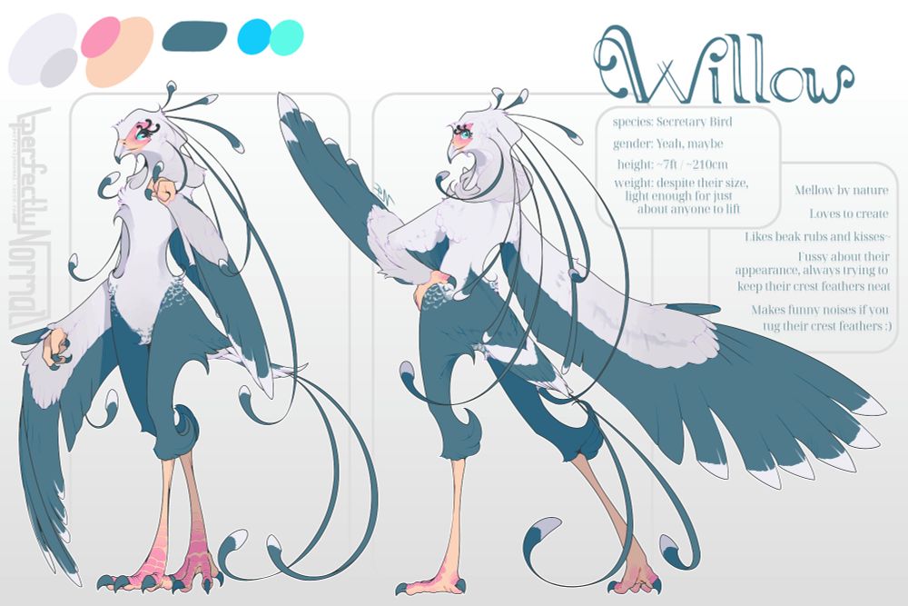 Willow
species: Secretary Bird
gender: Yeah, maybe
height: ~7ft / ~210cm
weight: despite their size, light enough for just about anyone to lift
Mellow by nature
Loves yo create
Likes beak rubs and kisses~
Fussy about their appearance, always trying to keep their crest feathers neat
Makes funny noises if you tug their crest feathers :)