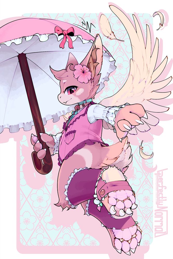 Furry-Dragon sona of @vyrn.bsky.social midflight, holding a pink parasol and twisting around and gesturing towards the viewer. He's wearing a lacy pink outfit.
