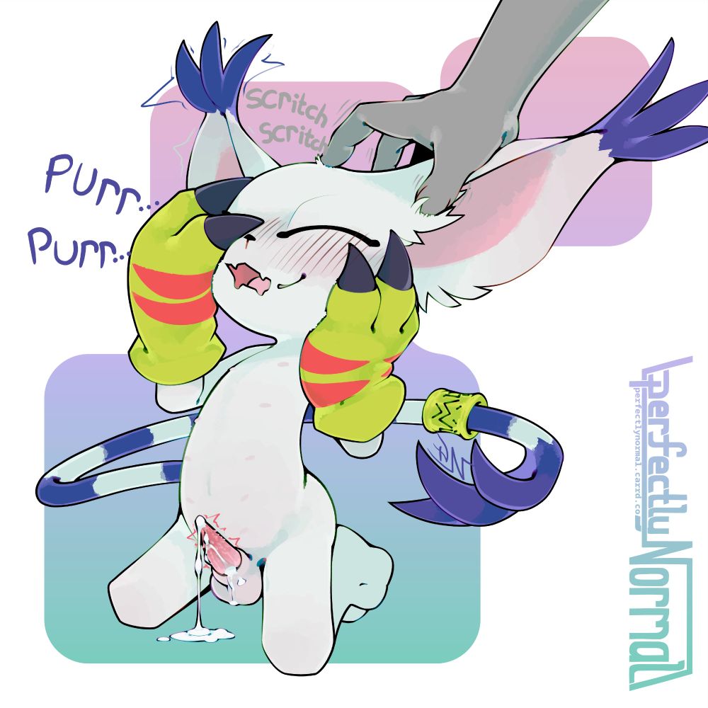 Gatomon from Digimon (with a penis) on her knees and cumming from getting ear scritches from an unseen character