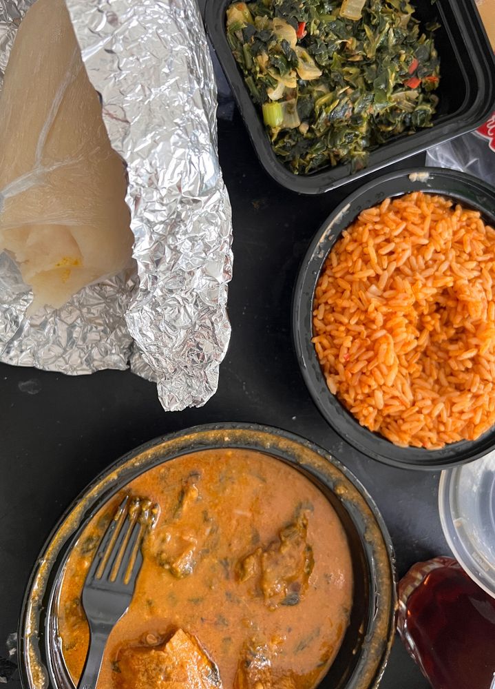 Nigerian delicious with fufu, spinach, jollof rice and ogbono soup