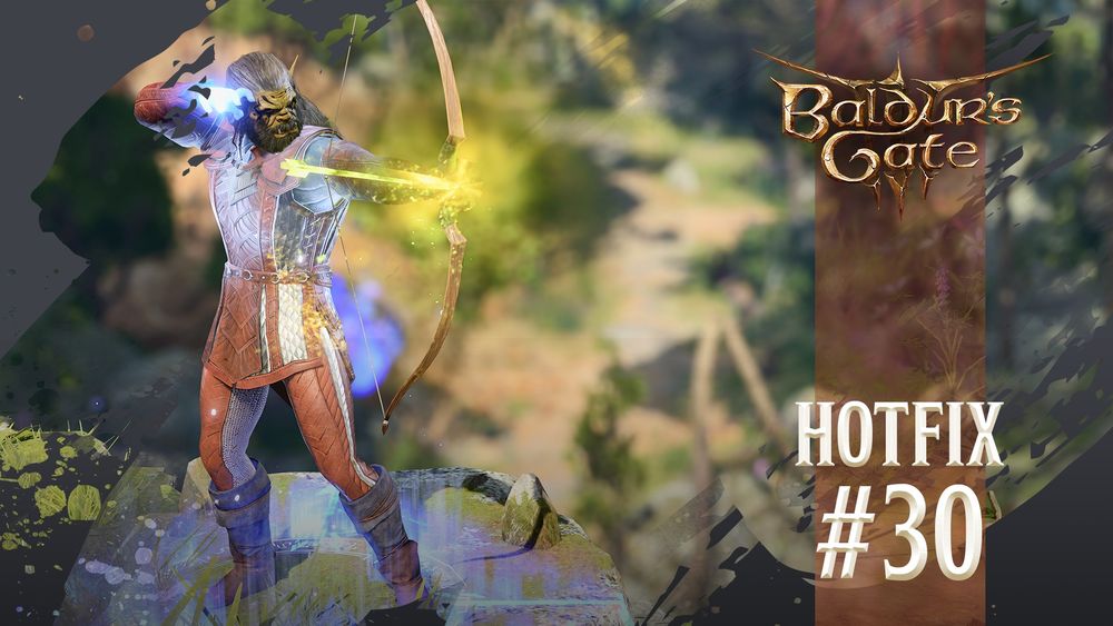 An orc wielding a bow with a yellow-green glowing arrow is captured mid-shot, striking off into the distance. Text on the right reads: Hotfix #30 