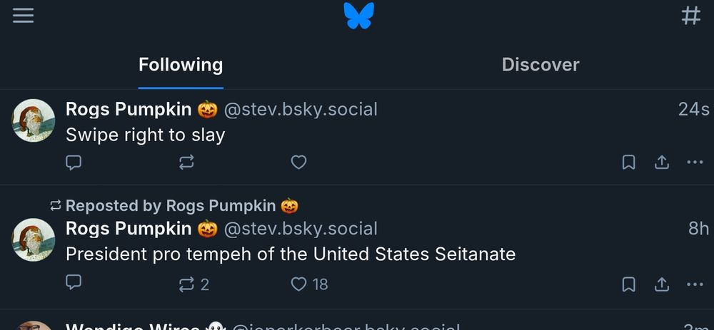 The top of my following feed on Bluesky. The top post is "Swipe right to slay" posted by the same author as the post above.