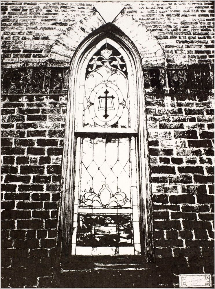 Stained glass church window done in ink. 