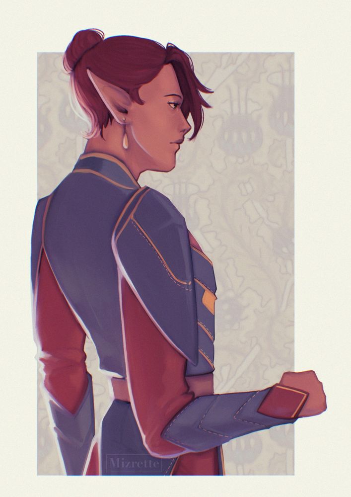 A coloured painting of my Dragon Age OC Rook. His long bright red hair is tied up in a bun and a dramatic side bang. 
He is turned away from the viewer, his back to you, looking forward in a somewhat pensive manner. He is wearing a Shadow Dragon armor, in hues of red purples and gold. 
#art #dragonage