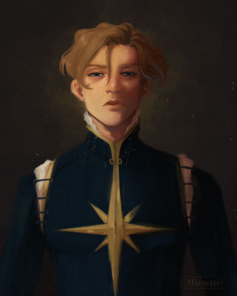 A painted portrait of Laurent of vere from book series captive prince. He is painted from the waist up, facing the viewer head on, as if looking up with an obvious air of superiority. The colours are meant to evoke renaissance style palettes with strong contrast and hues of yellows and oranges.
He is wearing an ornate blue doublet that covers everything and ends tight and high on his neck. On it is a yellow starburst embroidered in bright shades of gold. #art