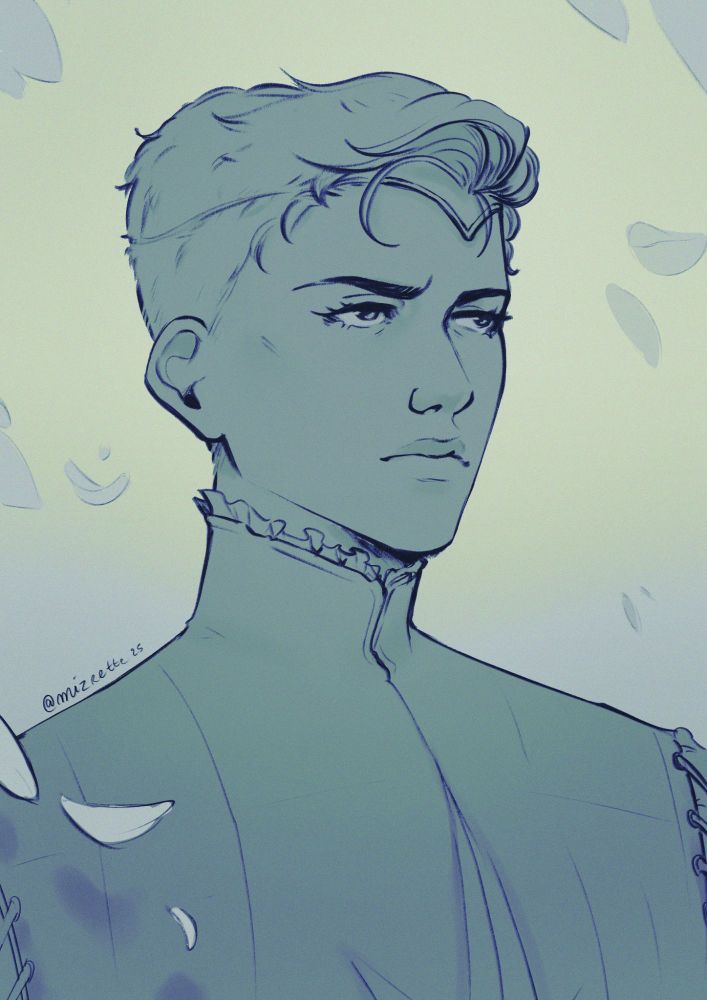 a monochrome sketch in hues of bright yellowish blue.
It shows a bust portrait of Laurent of Vere from Captive Prince novels. He has a stern and determined expression, short hair, a golden circlet. He wwears a lavish doublet. The collar goes up high on his throat. His chemise peaks from underneath the doublet.