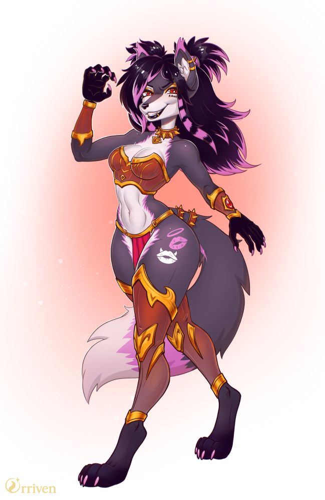 Furry gray fox emo girl in fantasy gold and leather armour 
Full shading, full body 