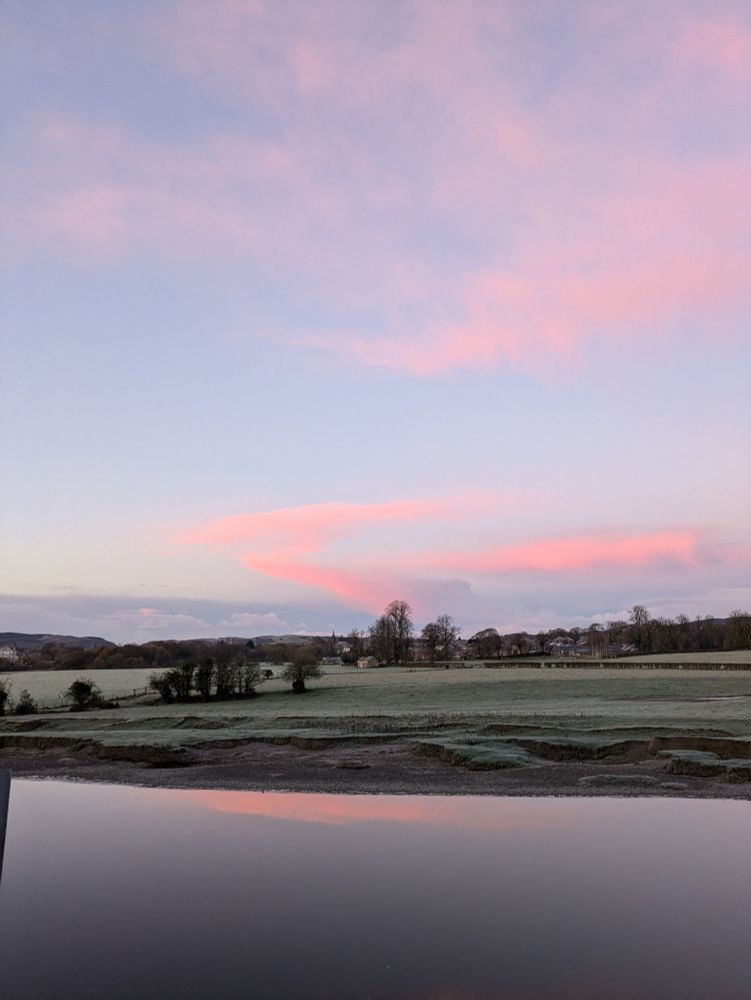 Pink sunrise reflected in river 