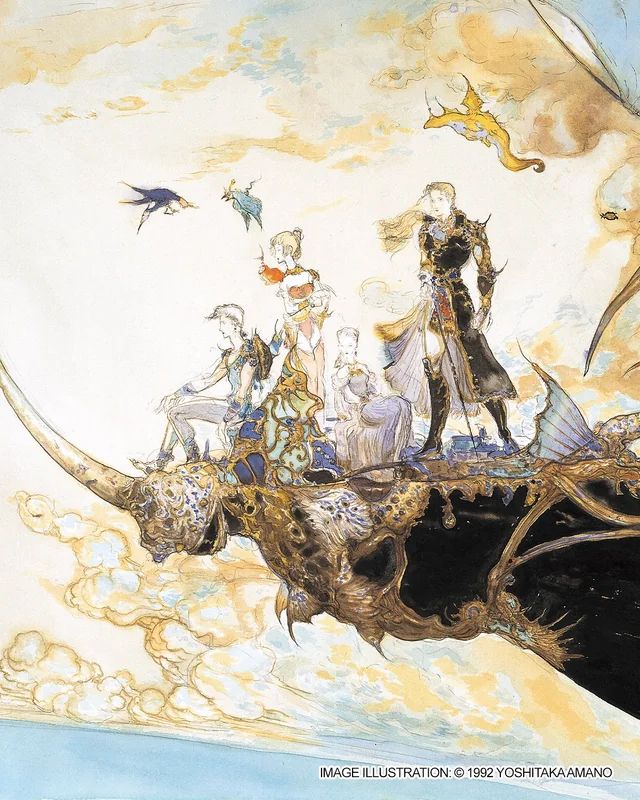 Illustration de Yoshitaka Amano représentant les héros de Final Fantasy V sur un ciel jaune embrasé.