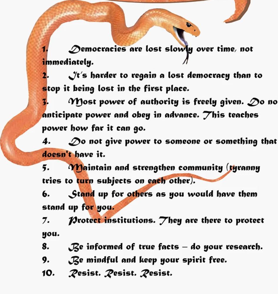 Design of an orange coloured Brown Eastern Snake around and through the black stylised text in a numbered list of the rules of how to resist tyranny. Above & coming from, the snake, a matching orange speech bubble containing black text ‘You knew I was a snake before you took me 