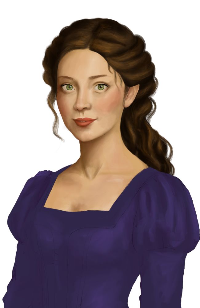 An unfinished drawn portrait of a noble young woman with wavy brown hair pulled back into a fancy hairdo. She has striking green eyes. She's wearing a dark purple dress.