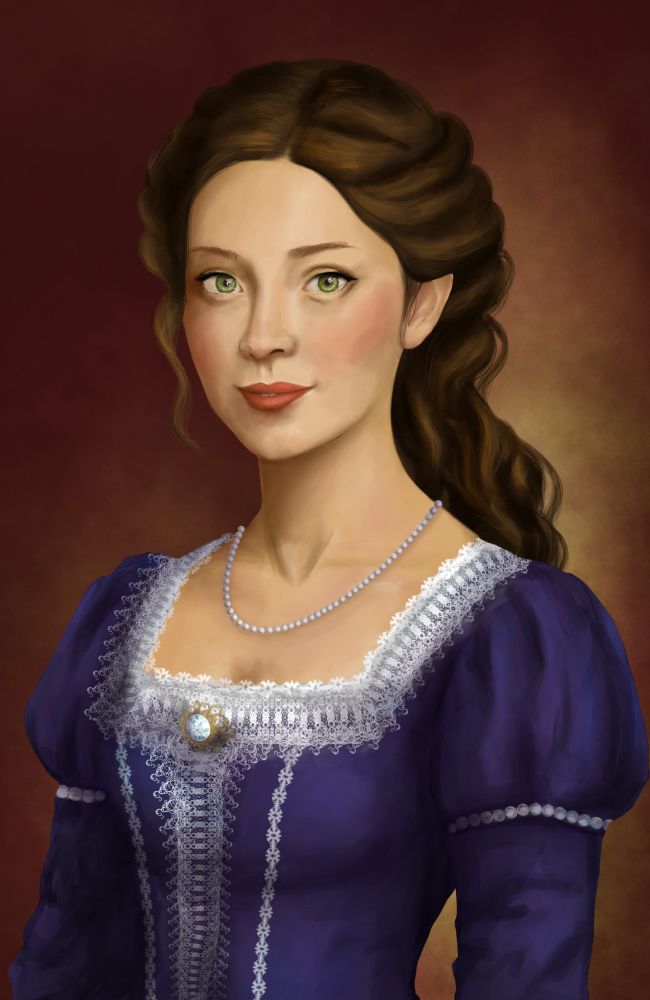 A drawn portrait of a noble young woman with wavy brown hair pulled back into a fancy hairdo. She has striking green eyes and wears a necklace of small pearls. She's wearing a dark purple dress with white lace accents and a crystal brooch.