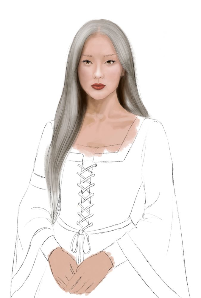 A partially complete drawing of a woman with hazel eyes, dove grey hair, and a medieval style dress.