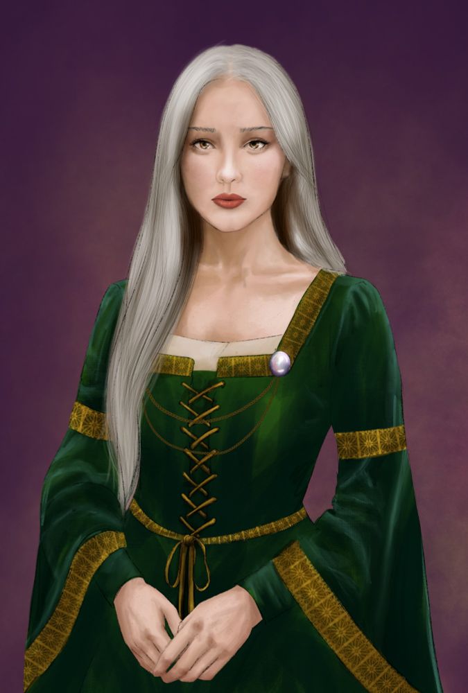 A portrait of a young woman with hazel eyes and long silver hair. She's wearing a dark green. medieval style gown with gold trim and an opal brooch
