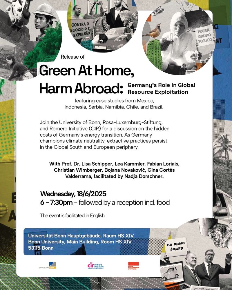 A poster advertising the event 'Green at Home, Harm Abroad' that will be held on Wed 18 June at the University of Bonn main building from 18-19.30. 