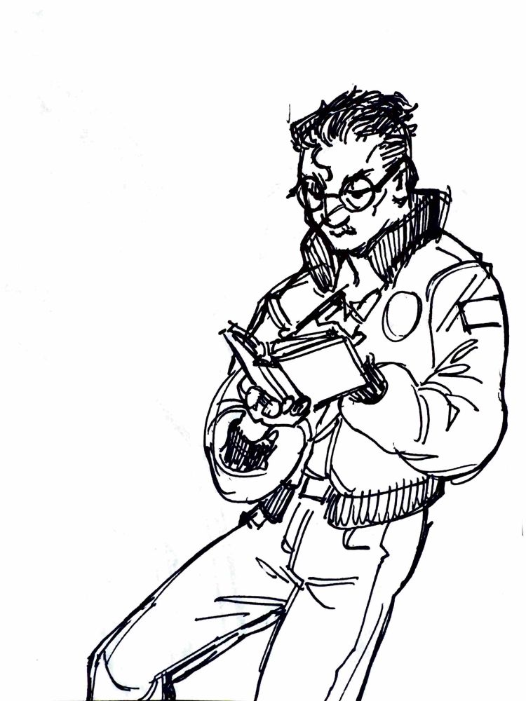 A scanned ballpoint pen sketch of Disco Elysium’s Kim Kitsuragi