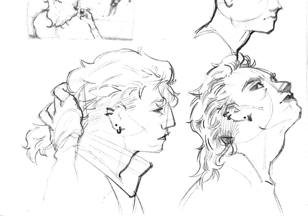 A scanned graphite sketch of a young androgynous woman with piercings and an undercut