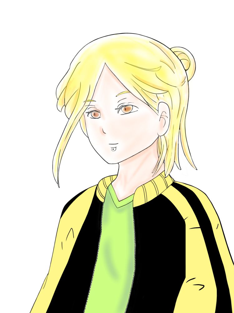 黄色の髪茶の瞳
黒とクリーム色の上着
薄緑のインナー
