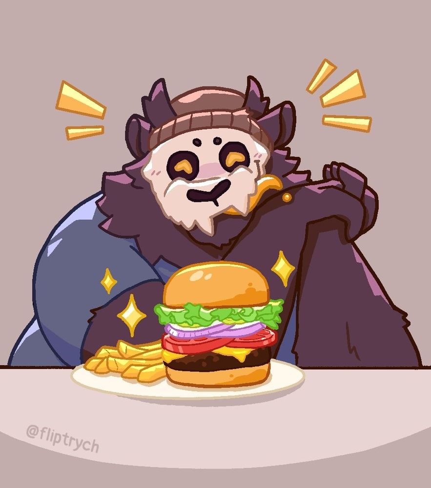 Tolione's fursona, a horned, dark-furred creature with a skull head, beams excitedly behind a burger and fries.