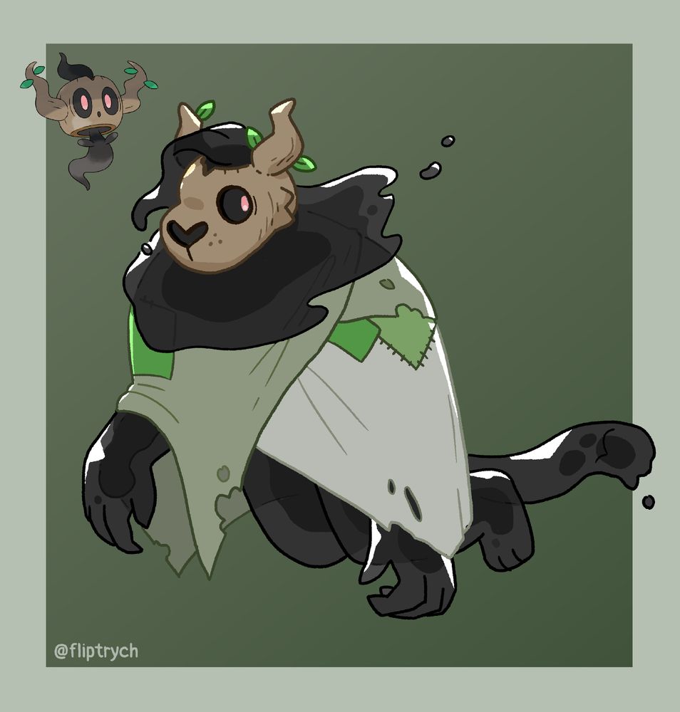 Digital drawing of a sona-fied version of the Pokemon Phantump, a little wispy log ghost.
My fursona has a wooden mask-like log for a head, with holes where the eyes and nose should be. A glowing pink pupil looks out from within the darkness of the head. Horns stick out to either side with small leaves growing from them. The rest of my fursona's body is made of a black, translucent, ectoplasmic substance, and he floats in midair. Both his hair, in a leaf-like shape that wraps around his head, and his mane are made of the same ectoplasm. A worn green blanket is wrapped around him as a cloak. 