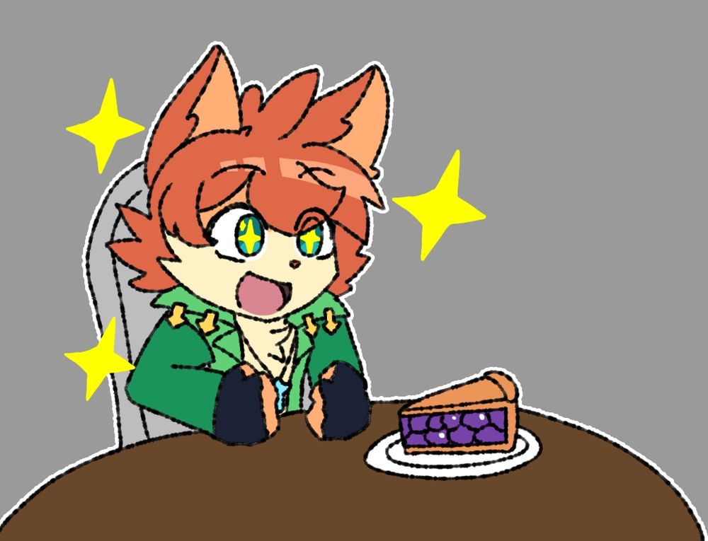 Calico Wilder, excited at the presence of a slice of blueberry pie (his favourite dessert) in front of him.