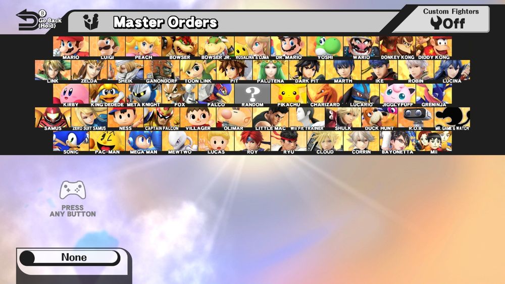 My re-organized take on the character select screen of Super Smash Bros. for Wii U