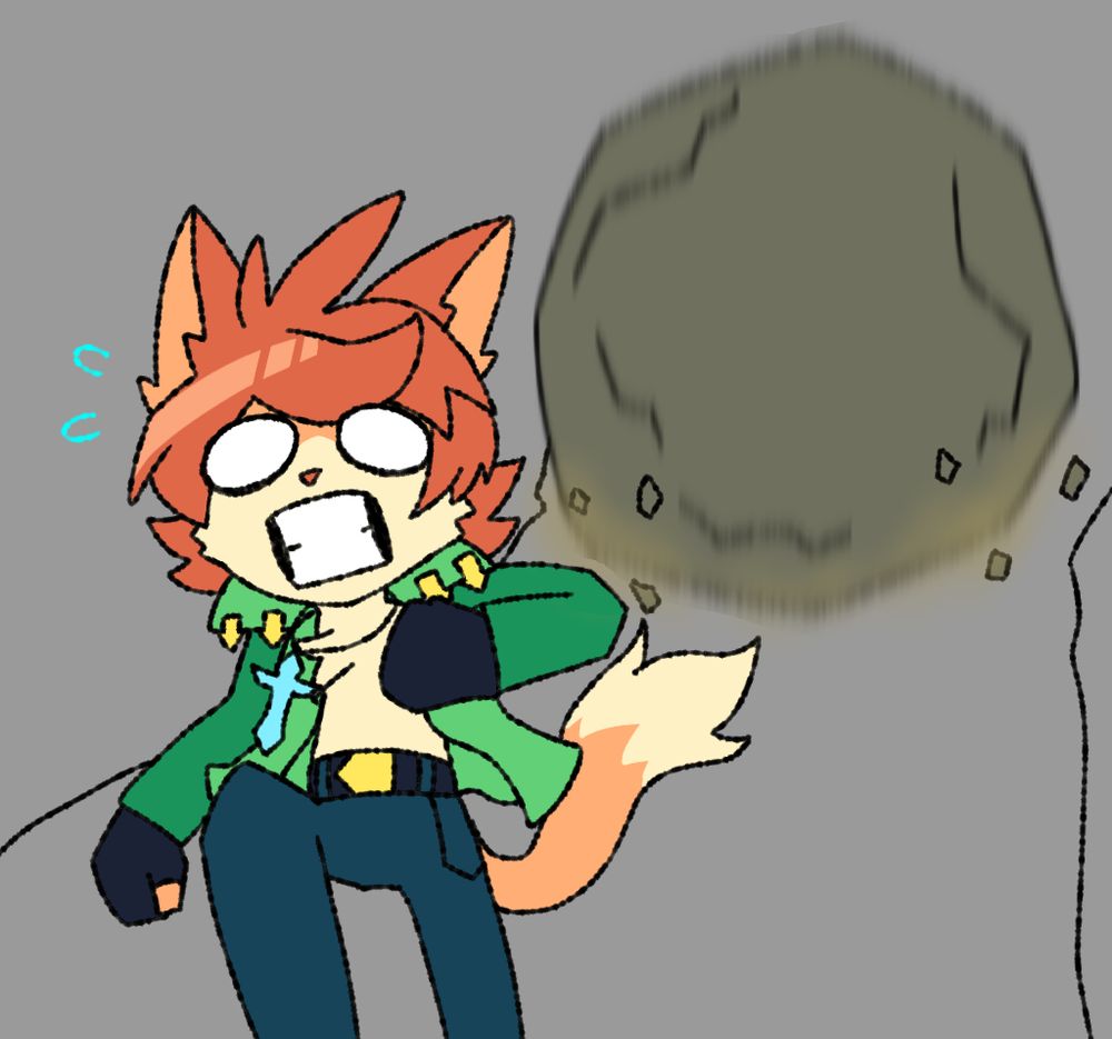 Calico Wilder panickedly running from a giant rolling boulder.