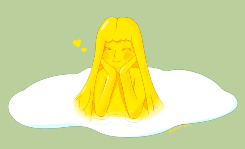 girl made of yolk with her hands on her chin, smiling warmly at you. she's in a pool of egg whites. two little hearts emanate from her.