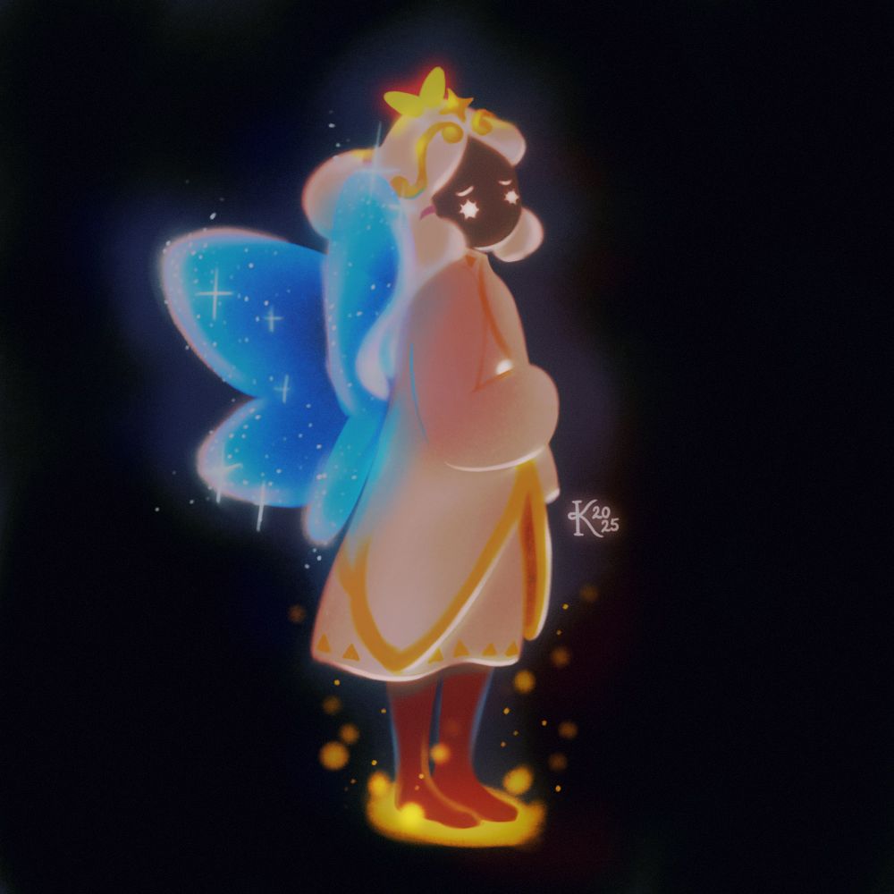 An illustration of a “Sky kid” an avatar/ player character from the game, Sky: Children of The Light. The character is wearing a few custom cosmetics, a white and gold robe, and has a custom cape that looks like butterfly wings. 