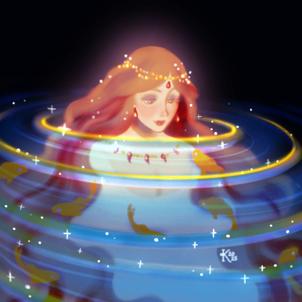 Digital painting of Granmamare (Ponyo's Mom), from the Ghibli film Ponyo. She is emerging from the water leaving a glimmering ripple effect against the dark sky and sea. She is smiling down at the  goldfish which are swimming around her. One goldfish is peaking its head out from the water surface to look at her.