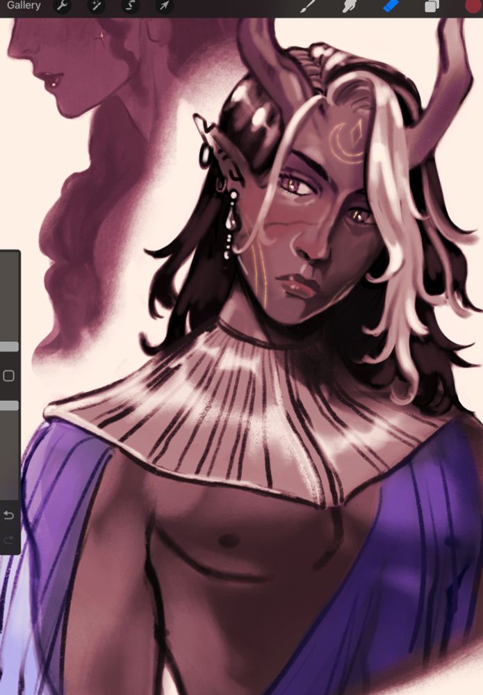 Digital painting of a horned figure with shoulder length black hair that is turning grey. They have gold glowing eyes and tattoos. They are wearing jewelry, a metal decorative collar and sheet purple clothing. 