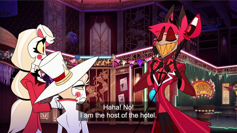 screenshot from season 1 episode 5- Alastor saying “haha! no! I am the host of the hotel.” Lucifer is making his crumpled old man face