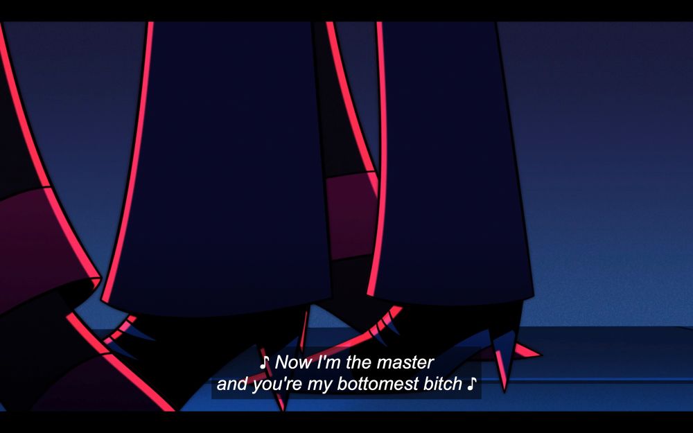 screenshot from season 2 episode 4 of Vox standing between Al’s legs singing ‘I’m the master and you’re my bottomest bitch’

oh??? my god????
