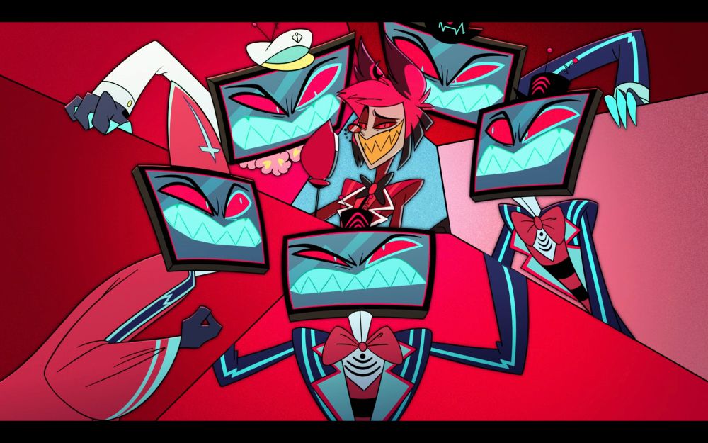 screenshot from season 1 episode 2 from “stayed gone” with Vox in all of his outfits surrounding Alastor in the center

there’s no heterosexual explanation for Vox’s behavior